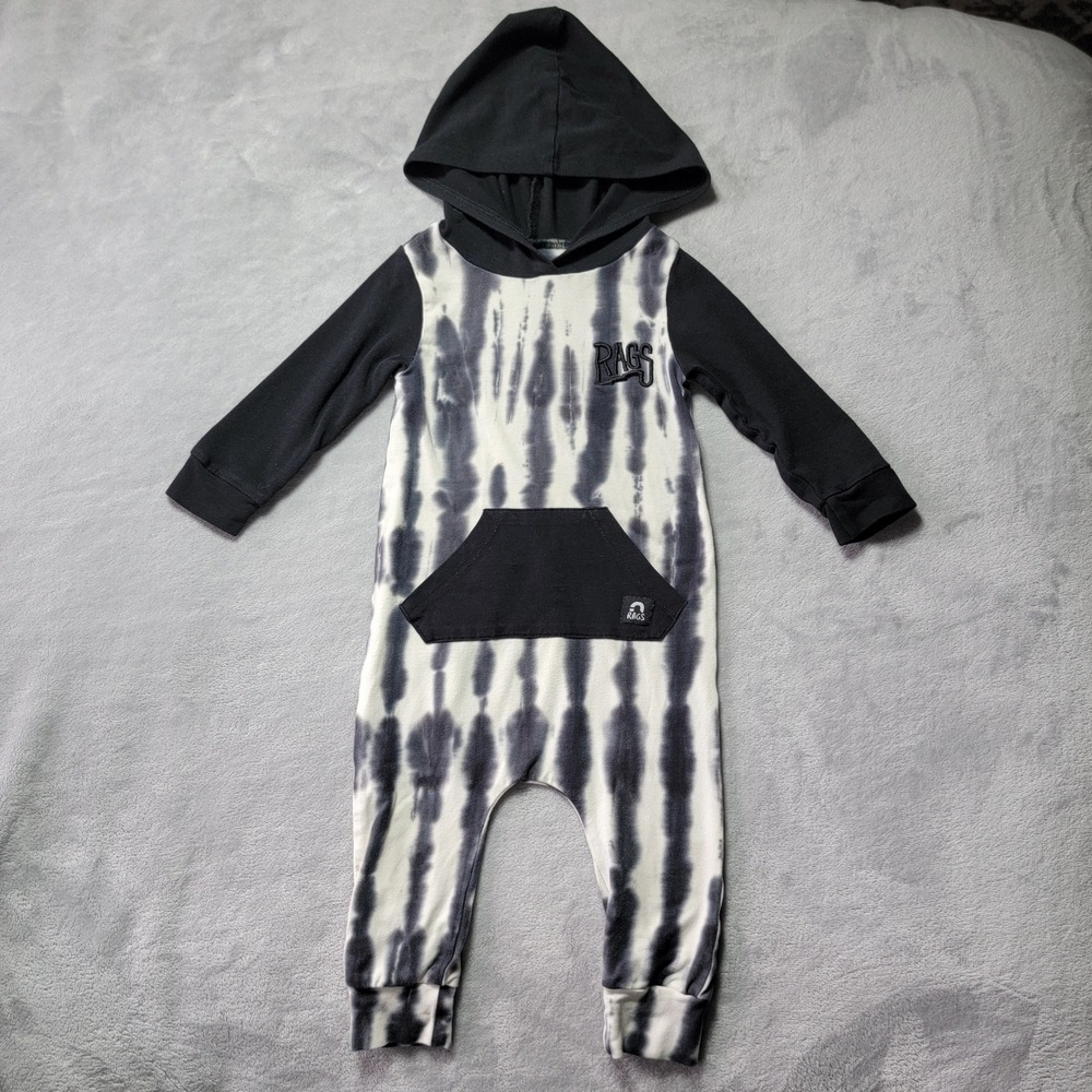 Rags Kids Black White Vertical Tie Dye Long Sleeve Hooded Romper Jumpsuit 18-24M